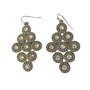 Vintage Round Cut Rhinestones Chandelier Dangle Earrings Silver Tone Hooks